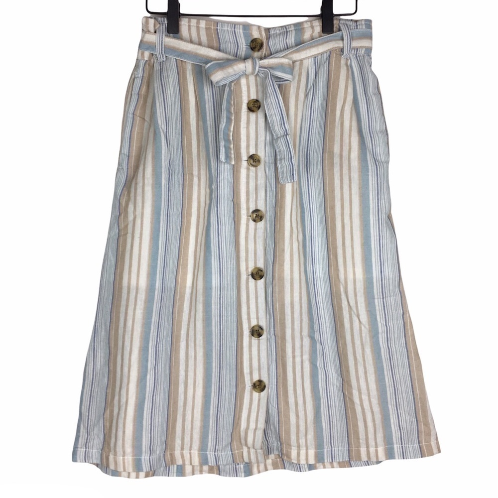 DASH Linen Blend Skirt Stripe Print Button Tie Waist Minimalist Modest Small